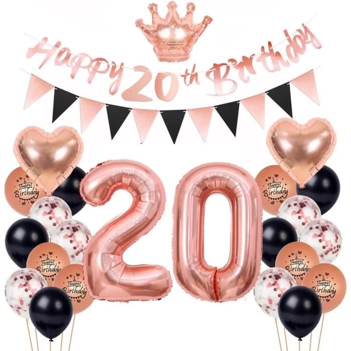 Bluelves Déco Anniversaire 20 Ans Femme – Noir & Or Rose – Ballon 20, Banderole, Diadème – Kit Complet