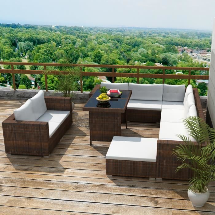Ensemble 28pcs Salon En Rotin Et Table Coussin Pour Jardin Patio