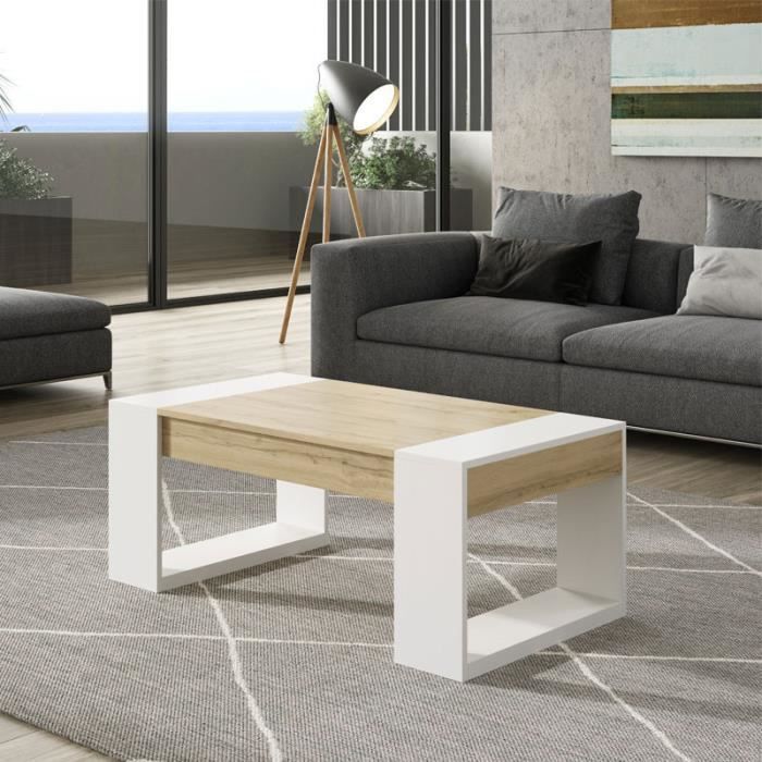 table basse relevable chene blond bois blanc plamor l 110 x l 60 x h 44 58 cdiscount maison