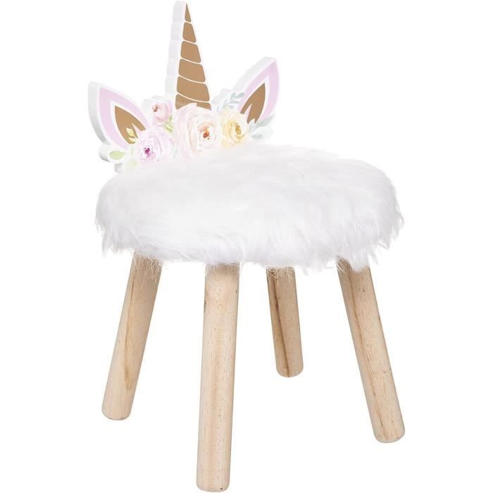 Tabouret Enfant Licorne En Bois Et Fourrure - Atmosphera - H 40 Cm - Blanc - Support 50 Kg