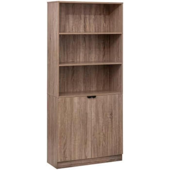 Bibliothèque avec 4 Compartiments Ouverts 2 portes, aggloméré, verre