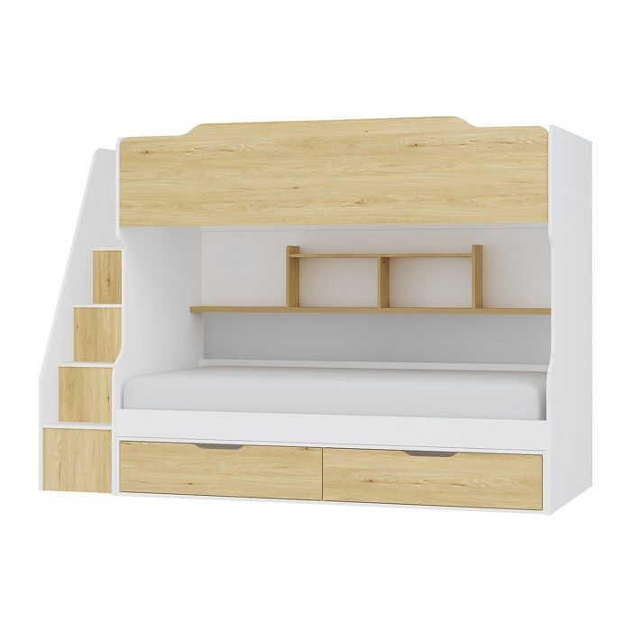 Lit superposé 90 x 190 cm - Avec rangements - Coloris : Blanc et naturel - YALOVA