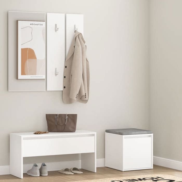 vidaXL Ensemble de Meubles de Couloir Banc dEntrée Siège Panneau de Portemanteau Meuble de Rangement Intérieur Blanc Bois 3082044