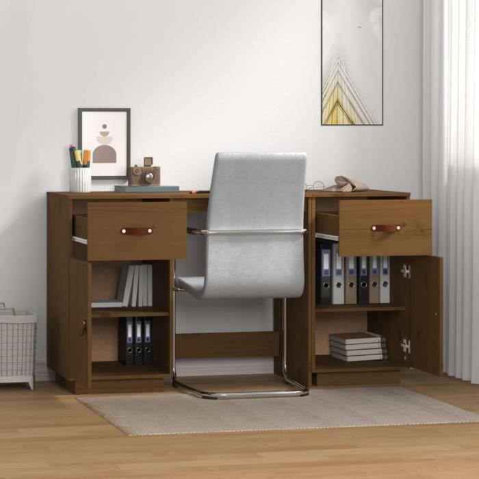 bureau avec armoires en bois massif de pin - yosoo - marron miel - 135x50x75cm - 2 tiroirs