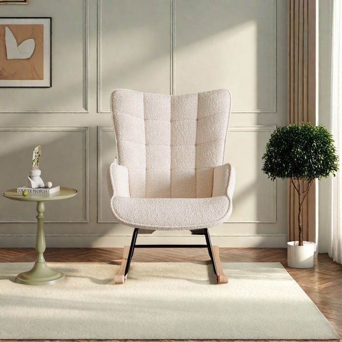 LONELYO Fauteuil à Bascule en Tissu Teddy Rose, Rocking Chair Confortable avec Accoudoirs et Dossier Carré, Fauteuil de Salon Rembourré pour Lecture, Détente, Design Moderne pour Chambre Adulte