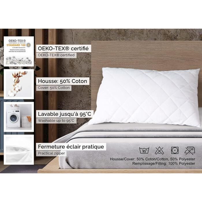 Oreiller ZOLLNER 65x100cm - 50% Polyester, 50% Coton - Blanc - Lavable 95°C - Confort Hôtelier