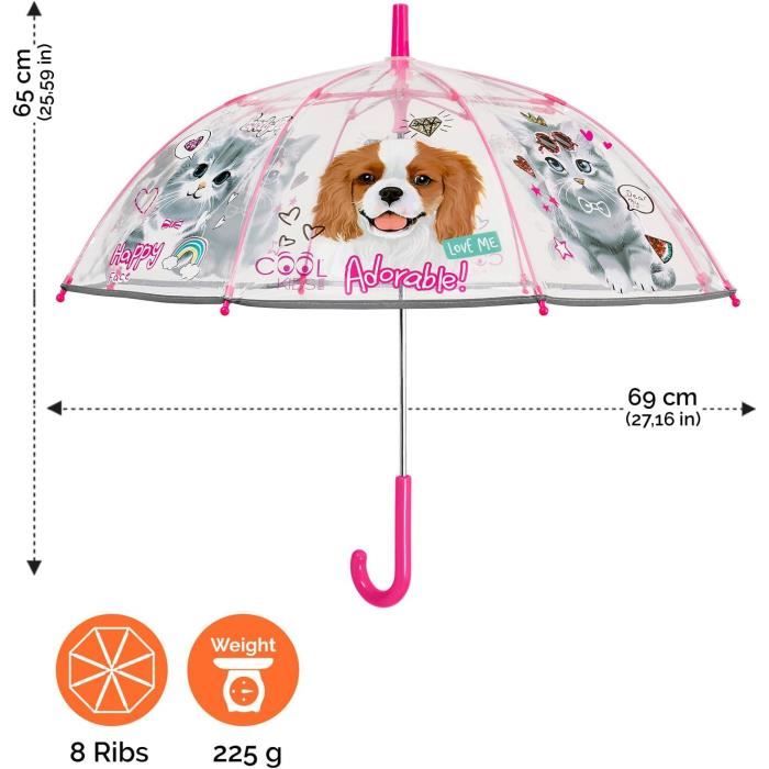 Parapluie Transparent Rose Enfant Fille – Cloche Réfléchissante 64 Cm – Perletti Cool Kids 4-6 Ans