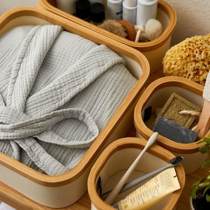 Boîte rangement en bambou, lot 12, paniers ouverts rectangulaires,  revêtement tissu, salle de bain, gris