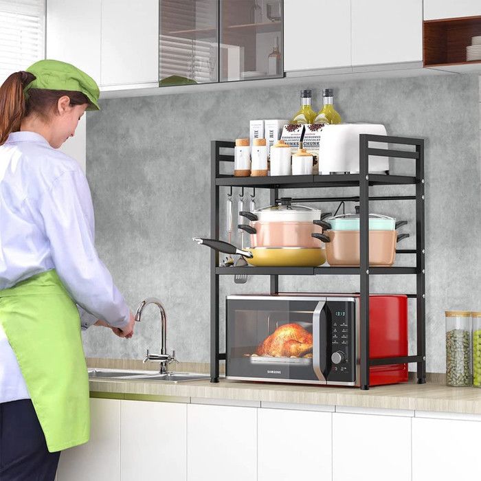 Support Extensible Pour Micro-ondes - Étagère De Cuisine Ajustable 40-65 Cm, 3 Crochets S, Noir, Charge 25 Kg - 4