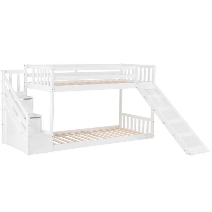 Lit enfant superposé cadre en pin avec escalier de rangement et toboggan  naturel (90x200cm) - Cdiscount Maison
