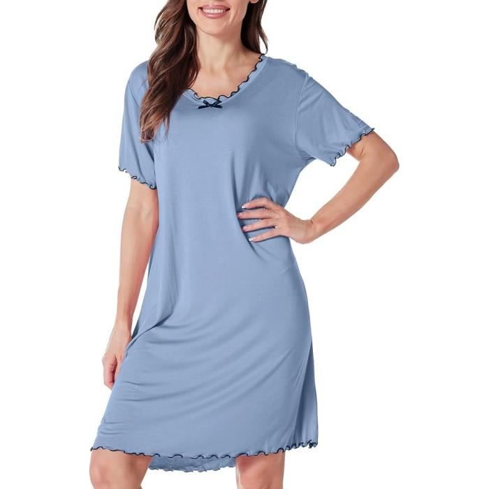 Chemise de Nuit Femme Manches Courtes Robe de Nuit Courte Douce vetements de Nuit ete col Rond Liquette de Nuit Ample avec Volants
