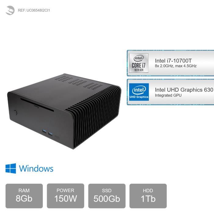 Mini-PC passif, Intel i7, 500Go SSD NVMe M.2 PCIe,1