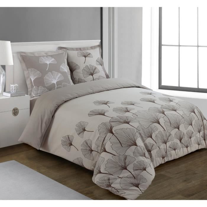 VISION - Parure de lit réversible GINKO - 100%Coton - 1 housse de couette  200x200cm + 2 taies d'oreiller 65x65cm - Beige - Cdiscount Maison