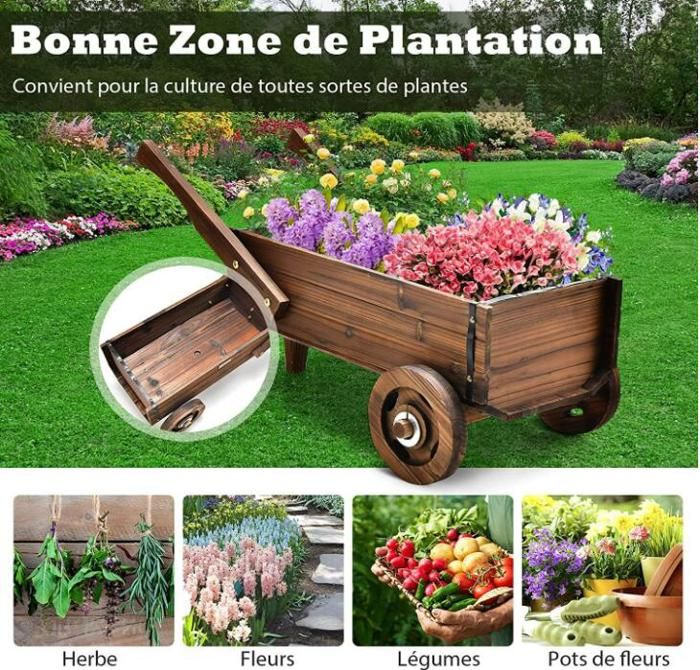Brouette Décorative En Bois Sapin – Jardinière Rustique Avec Roue, Poignée Longue Et 9 Aimants Saisonniers, Parfait Jardin