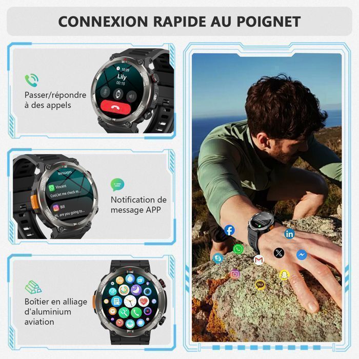 Montre Connectée Homme BENYAR SMART - Écran AMOLED 1.62", 730mAh (30 Jours), 120 Sports, Appels, LED, Moniteur Cardiaque/Sommeil - Compatible Android/iOS - 3