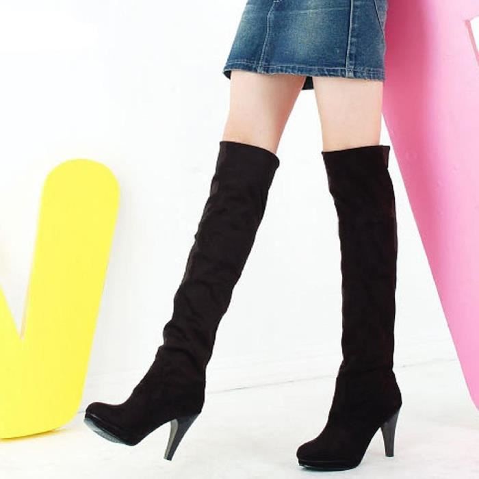 Minetome Femme Au cours genou Bottes Cuissarde Longue Simple talon haut chaussures Noir Cdiscount