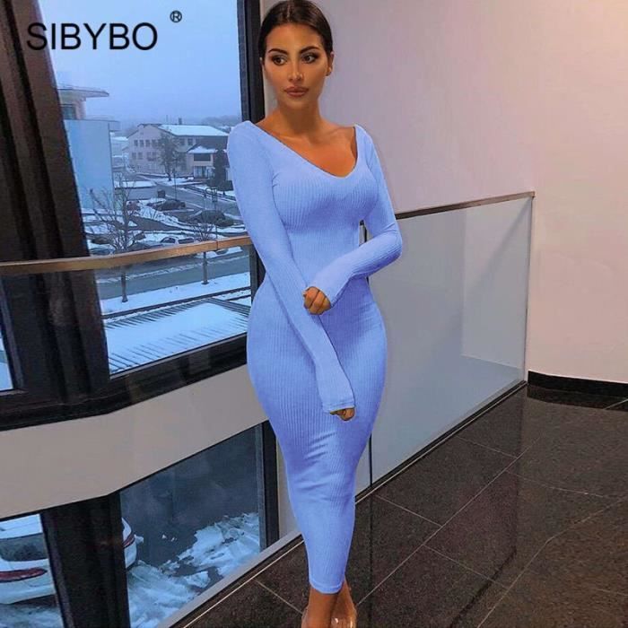 Robe Sibybo Robe moulante sexy en coton pour femme vetement elastique rainure a manches longues epaules denudees Type Rose Blanc Cdiscount Pret a Porter
