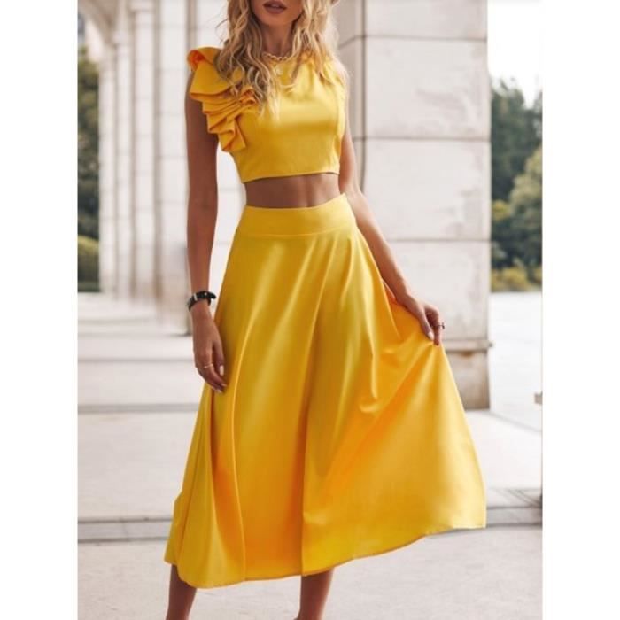Jupe Ensemble haut court et jupe longue ample pour femmes couleur unie tenue d ete elegante coupe cintree sans 01 Yellow B Blanc Cdiscount Pret a Porter