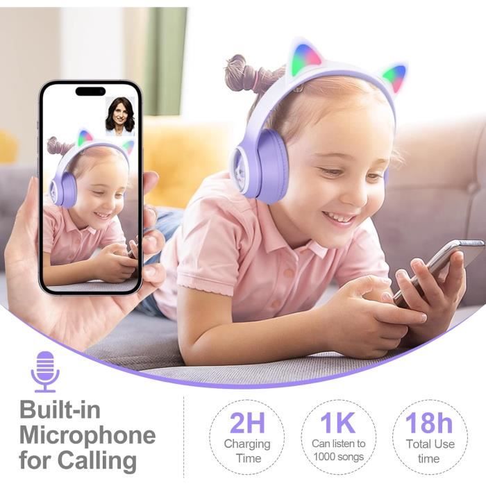 Casque Audio Enfant Bluetooth Oreille Filles,avec Microphone & prise de 3,5  mm,Casque stéréo sans fil Bluetooth avec oreilles de chat pour école, Tablette, téléphone Portable,PC,TV pour fille femme