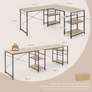 Bureau D'angle Scandinave Bois Naturel 146x112 Cm - Spacieux Et Fonctionnel