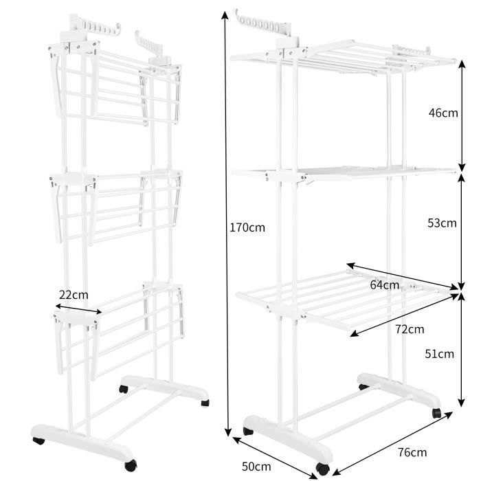Dekohome Séchoir Étendoir à Linge Pliable Avec Ailes - 20m Blanc, Résine Résistante Intempéries