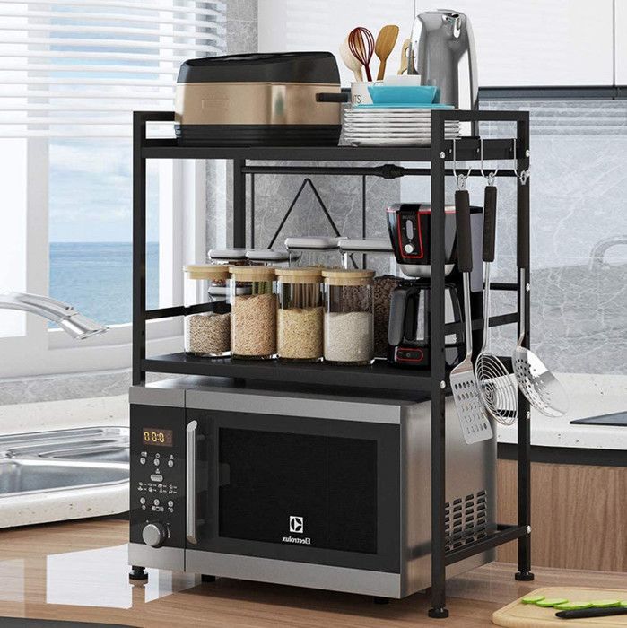 Étagère Extensible Pour Micro-ondes à 2 Niveaux - Support Robuste Acier Avec 4 Crochets - Noir - Gain De Place Cuisine