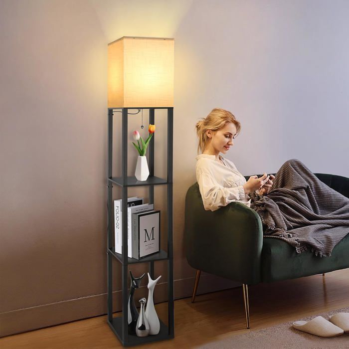 Lampadaire En Bois 1.62m Avec 3 Étagères - Lampe De Plancher LED 3 Températures De Couleur Pour Salon Et Chambre