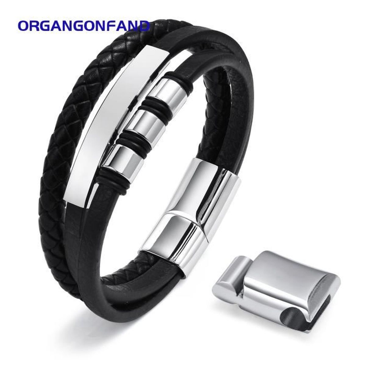 Bracelet Cuir Homme - Noir/Marron, Avec Fermoir Magnétique En Acier