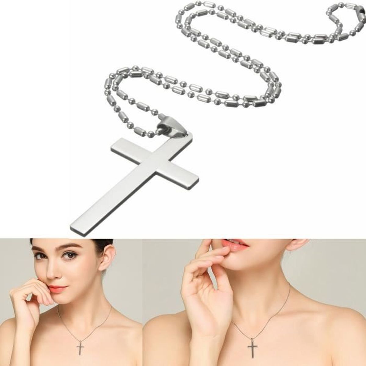 Nouveau cadeau unisexe Hommes Bleu Argent Acier Inoxydable Pendentif Croix Chaîne Collier Sautoir H