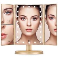 Miroir de Maquillage à 22 LED Lumineux Grossissant X2 X3 Triptyque Lumières Dimmable Tactile 180° Rotation Or/Noir Couleur
