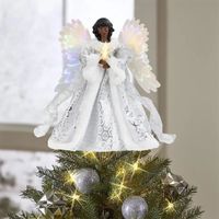 Cimier de Sapin de Noël Ange Imprimé à Plat avec Guirlande Lumineuse USB, Topper de Sapin de Noël en Acrylique Cheveux Noirs