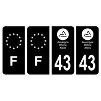 Lot 4 Autocollants plaque immatriculation voiture auto département 43 Haute-Loire Logo Région Auvergne Alpes Noir & F France Europe