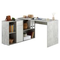 Bureau d'angle CARMEN table avec meuble de rangement intégré 4 étagères 1 porte et 1 tiroir, décor béton/blanc