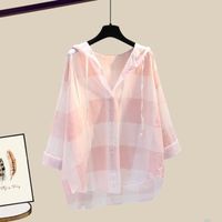 Ensemble trois pièces élégant pour femme,short teint à la mode,chemise à carreaux crème solaire,soutien-gorge rose- shirt[B3827]