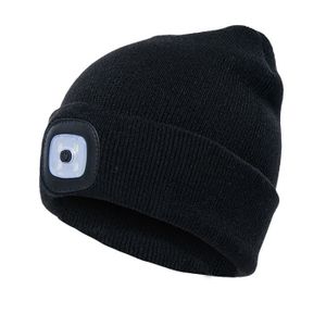 BONNET - CAGOULE Bonnet tricoté Chapeau léger à LED, Bonnet d'hiver Chaud, 3 niveaux de luminosité réglables pour Hommes et Femmes-Noir