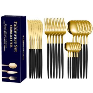 Set de couverts - LECOO - 6 personnes - 24 pièces - acier inoxydable - or et noir
