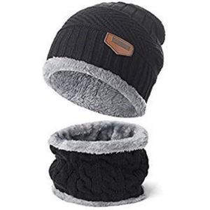 ECHARPE - FOULARD SD00697-2 Pcs : 1 BONNET + 1 TOUR de COU écharpe tricot chaud avec Doublure Polaire pour Homme garçon acrylique - NOIR