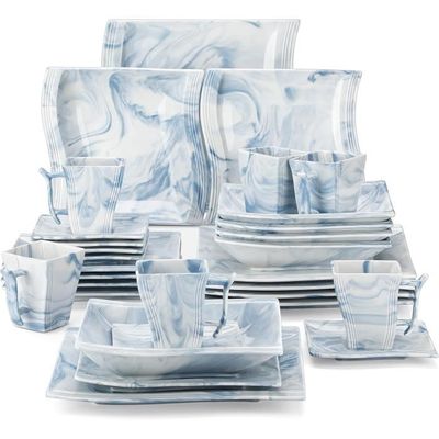 Set vaisselle service dîner 24 pièces Murrina Frise 100% Porcelaine Blanc  et Bleu