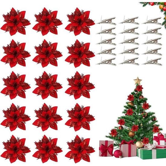 15 Fleurs De Poinsettia Pailletées Noël – 14x14 Cm – Rouge, Or, Argent – Décoration Sapin, Guirlande, Mariage, Fête - 10