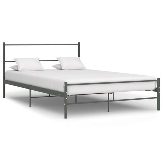 Cadre de lit en métal gris pour adulte - MOO - 160 x 200 cm - Lattes solides et confortables
