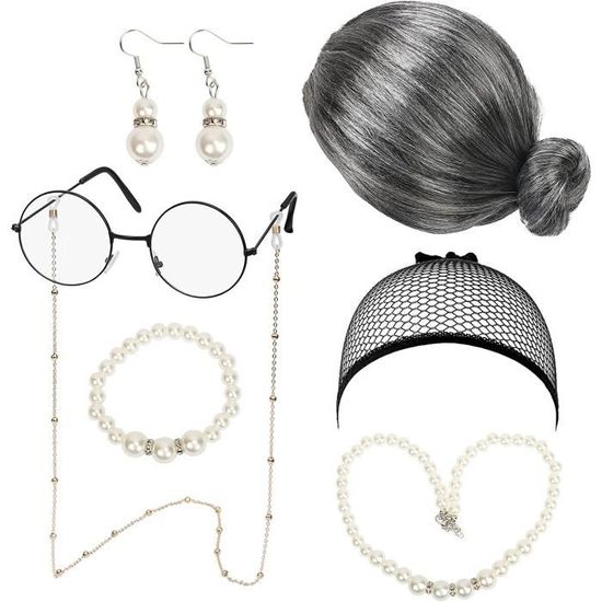 Déguisement Vieille Femme - Perruque Grise, Lunettes à Chaîne Et Bonnet - Costume Halloween