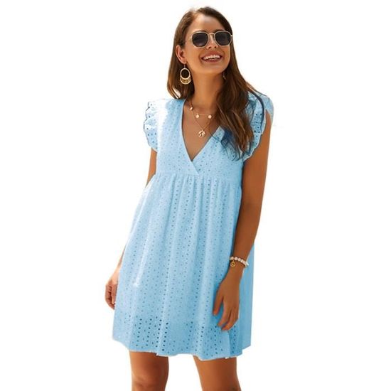 Robe Femme Ete Blanche Mi Longue avec Short Integre et Poches Bleu clair Bleu clair Cdiscount Pret a Porter