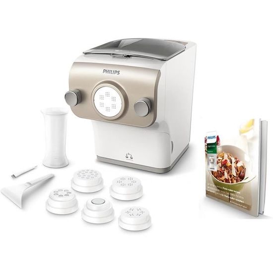 Machine à Pâtes Philips HR2381/05 - Automatique, 6 Disques, Pesée Incluse - Blanc/Champagne