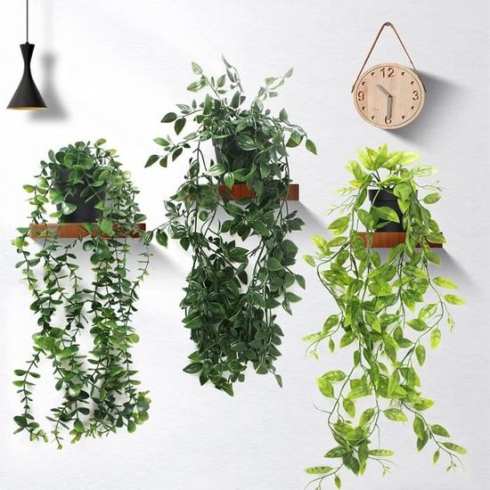 Lot 3 Plantes Artificielles Tombantes Avec Pots – Lierre, Eucalyptus & Pothos 80/63/56 Cm – Ultra Réalistes Pour Intérieur & Extérieur Sans Entretien