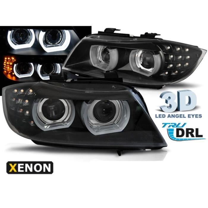 Paire feux phares BMW E90-E91 09-11 Xenon Angel Eyes Led DRL Noir-33021960