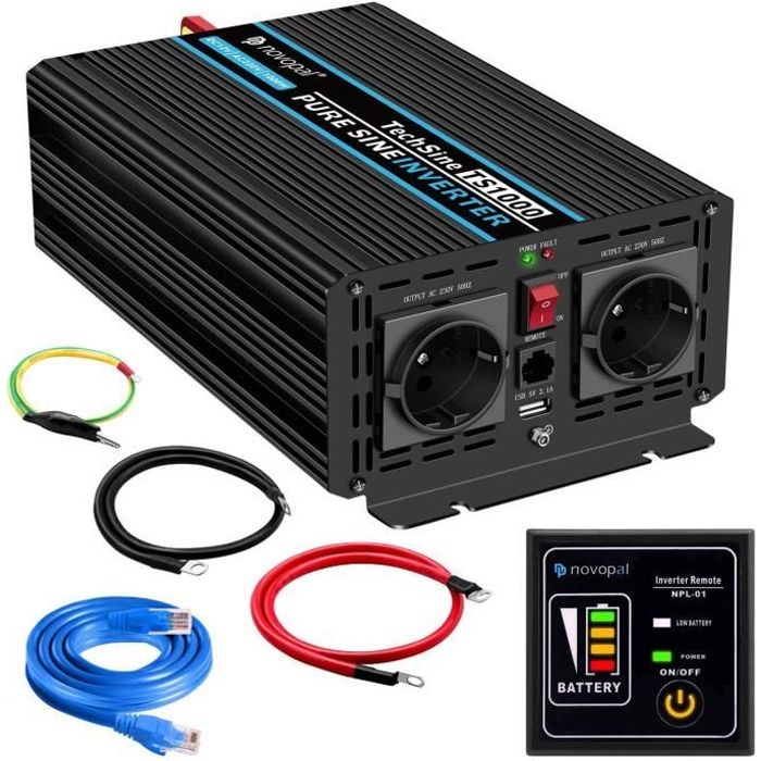 Convertisseur Pur Sinus 1000W-DC 12V à AC 230V Onduleur-2 Prise Française de Courant Alternatif et 1 Port USB-télécommande avec I