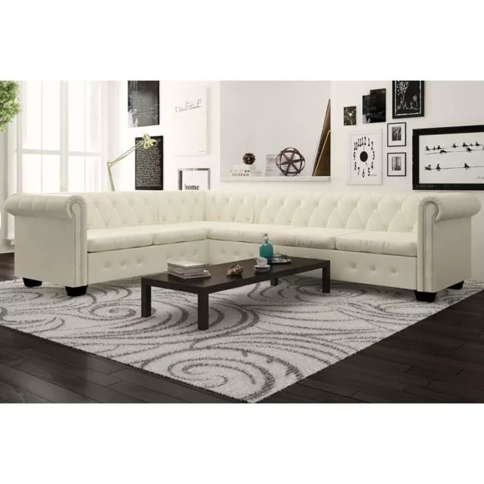 FNCM® Canapé d'angle Design - Sofa Divan Canapé de relaxation Chesterfield 6 places Cuir artificiel Blanc ❤6535