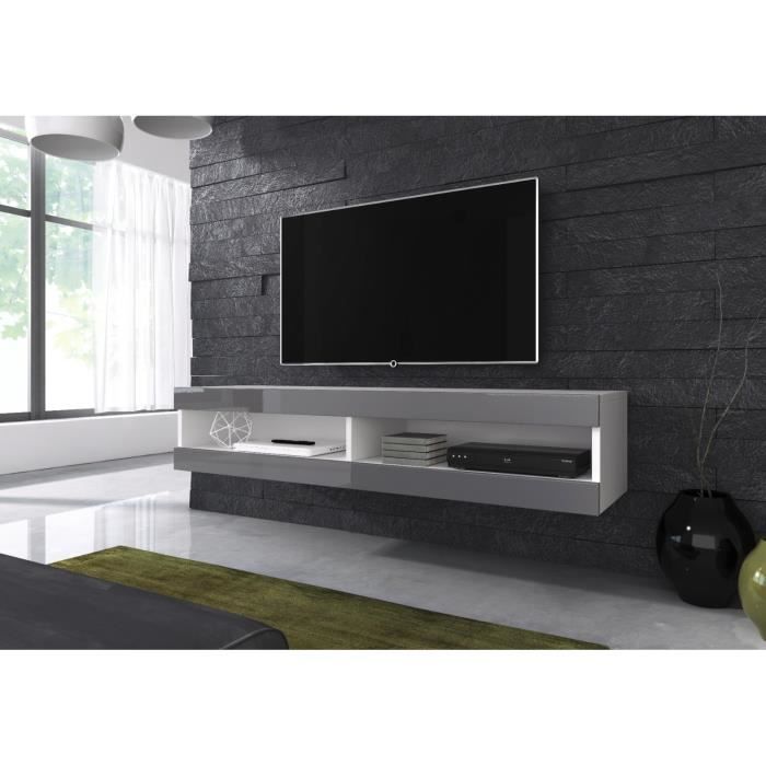e-Com - Meuble TV flottant Volant - 150 cm - Mat Blanc et Gris Brillant