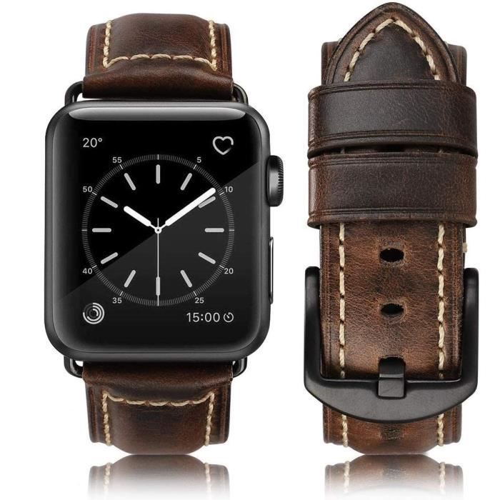 Bracelet en cuir véritable pour Apple Watch Band Series 8/7/6/5/4/3/2 couleur café Pour iWatch 42mm ou 44mm/45mm/49mm