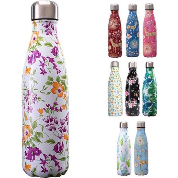 500ml Bouteille d'eau Sport Gourde Inox Isotherme Sans BPA Impression A: Blanc-Fleurs